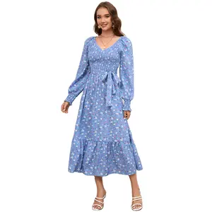 European and American dresses slim fit and slimming, bubble long sleeved V-neck floral long dress new model