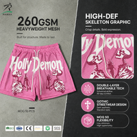Shorts en maille double couche rose RAMAX 260GSM, motif squelette Holly Demon, streetwear, bas de tenue de basketball, vente en gros