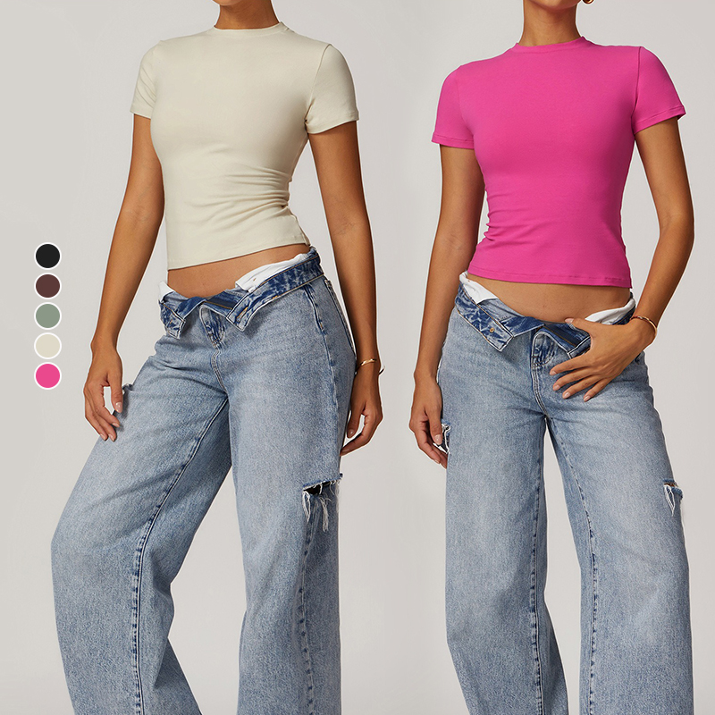 New Oversize Casual Fitness T-shirt Yoga Short Sleeve Cropped Running Top Women's Quick-drying Nude Feel Sports Wear