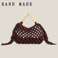 Sac fourre-tout chic coréen en coton crocheté, couleur bonbon, avec poignée en perles de bois et pompon, idéal pour la plage et les voyages, couleurs personnalisables