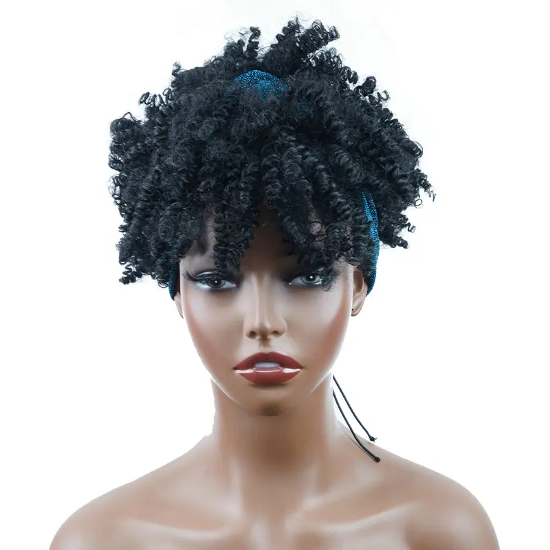 Hot Selling Headband Wigs for Black Women Synthetic Short Afro Kinky Curly Wigs with Bangs Drawstring High Puff Wig