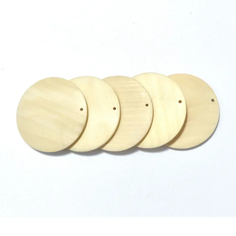 Free Sample Diy Unfinished Blank Wood Circle Pendants Round Disc Pieces Wooden Disk With Hole For Craft Decoration Embellishment