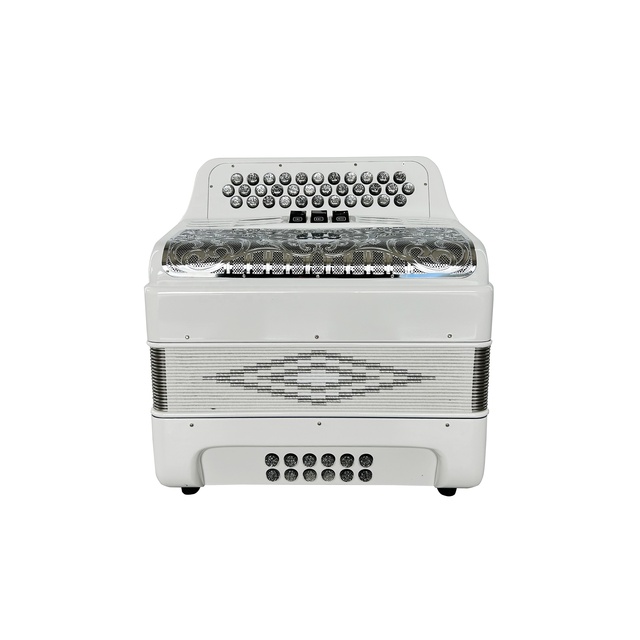 JB3412C Musical Accordion Instrument 34 Buttons 12 Bass 3 Registers Bright White with Silver Grill Buttons Diatonic Conformation