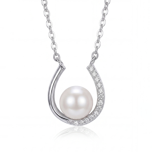 S925 Sterling Silver Freshwater Pearl <b>U</b> Shape Pendant Necklace with CZ Lucky Horseshoe Design for Women - Product Image 1