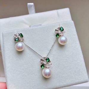 Secret Garden <strong>Freshwater</strong> <strong>Pearl</strong> Jewelry Set &amp; 925 Silver Clasp 9-10mm <strong>Freshwater</strong> <strong>Pearl</strong> <strong>Necklace</strong> Set Near Round Flawless - Product Image 1