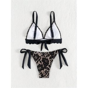 Women's Floral Lace <b>Bikini</b> <b>Set</b> Scallop Trim <b>Triangle</b> Top Tie Side Thong 2 Piece Swimwear - Product Image 4