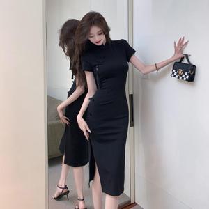 Modern Chinese Style Cheongsam Dress With Frog Buttons Stand Neckline Mid Length Slit Bodycon Evening Dress Breathable - Product Image 3