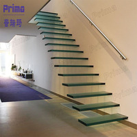Escalier moderne à design simple, à poutre cachée, marches en bois, type L, droit, garde-corps en verre, escalier flottant moderne, escalier en verre