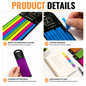 Fluorescent PET Page Markers Self Adhesive Index Tabs Waterproof Removable Sticky Strips for Books Planners Office & School - Product Image 2