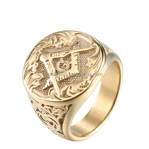 Atacado de aço inoxidável banhado a ouro Vintage Freemason Symbol Masonic Rings Bandas para homens, EUA tamanho 8-13 - Product Image 4