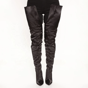 Bottes hautes pour femme style occidental, en satin lisse, à talon aiguille, bout pointu, avec fermeture éclair latérale, montantes jusqu'au-dessus du genou - Product Image 4