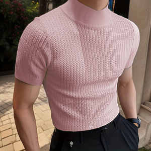 <span class=keywords><strong>2024</strong></span> verano hombres nueva camisa de punto simple informal cuello alto agua ondulación Color sólido <span class=keywords><strong>camiseta</strong></span> - Product Image 4