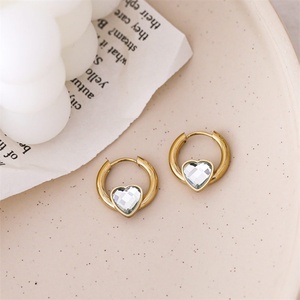 Tarnish Free Stainless Steel Hoop <b>Earring</b> Gold Plated Heart Zircon Charm <b>Earring</b> - Product Image 2