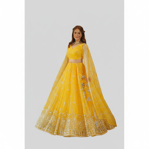 ชุดเลเฮนกาโชลีสีเหลืองเลมอนสำหรับผู้หญิง ลายสัตว์สไตล์วินเทจ แต่งลูกไม้ปัก  ผ้าไนลอน/คอตตอน แห้งเร็ว ชุด 2 ชิ้น รุ่น SD 3010 - Product Image 2