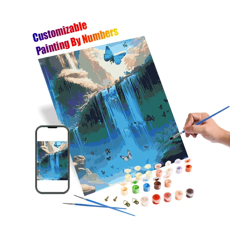 Заводская индивидуальная масляная краска по номерам пейзаж водопад и бабочка живопись по номерам поделки