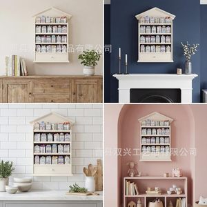 Wooden Vintage Spice Jar Rack 4 Layers <b>Wall</b> <b>Mounted</b> White Village Style Display <b>Shelf</b> Kitchen Storage Drawer Rack - Product Image 4