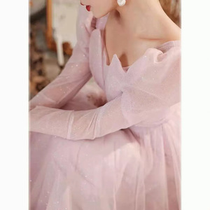 Women's Evening Gown <b>Pink</b> Chiffon Empire Waist Sweetheart Neckline A-Line Long Sleeve Formal Dress For Banquets And Events - Product Image 3