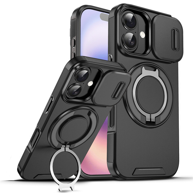 Shockproof Slide Camera Back Cover for iPhone 17 Pro Max 16 15 14 13 12 11 Pro 360 Ring Stand Mobile Phone Case for Samsung S26