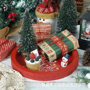 <b>Christmas</b> Decorative Tray Round Red With Snowman And <b>Tree</b> Design For Holiday <b>Table</b> Setting - Product Image 1