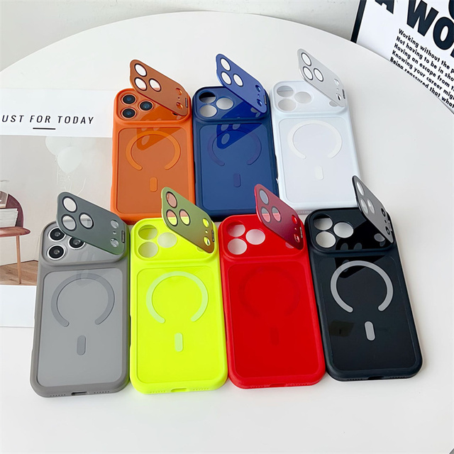 Original Metal camera holder Magnetic Mobile Phone case for iPhone 17 16 15 14 Pro Max Flip stand Lens glass Neon PC Back Cover