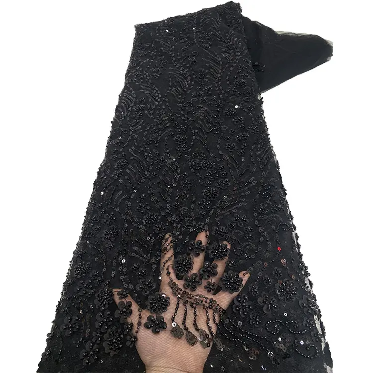 Black Lace Applique Beaded 3D Flower Sequins Beads Embroidery Guipure French Lace Fabric