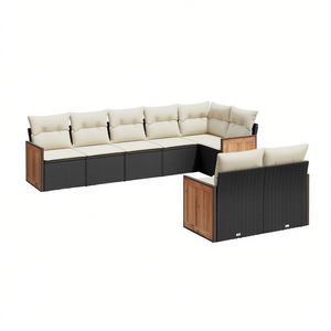 Ensemble de canapés de jardin modernes noir et crème en rotin PE, 6 places, mobilier d'extérieur, structure en teck, pieds réglables, design élégant - Product Image 1