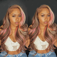 Peluca de Cabello Humano con Encaje HD 5*5/13*4, Color Rosa Balayage, Sin Pegamento, Ondulada, con Reflejos Marrones y Rubios para un Look Hermoso