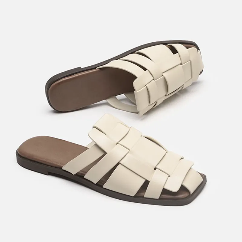 New Elegant Female Casual Pu Leather H Slide Slipper Shoes Girl Square Toe Summer Design Flat Sandal For Women Ladies