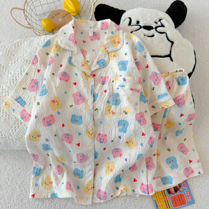 Femmes été à manches courtes Cardigan pyjamas ensemble nuage coton thermique maison vêtements costume revers dessin animé conception vêtements de nuit Shorts - Product Image 2