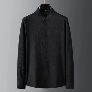 Ensemble Sportif <span class=keywords><strong>Homme</strong></span> Printemps : <span class=keywords><strong>Chemise</strong></span> et <span class=keywords><strong>Pantalon</strong></span> Rayés Plissés à Col Montant en Polyester/Coton, Séchage Rapide, Tricoté Sans Coutures, Thermocollé - Product Image 4