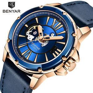 BENYAR 5183 Reloj de cuarzo de acero inoxidable resistente al agua 30ATM para hombre, reloj de pulsera cronógrafo de cuero a la moda, Reloj de cristal de 22mm - Product Image 1