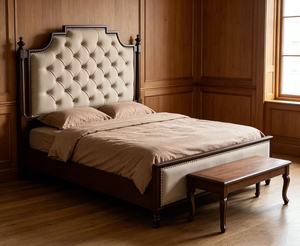 Premium Queen Size Tufted Upholstered <b>Bed</b> With Nailhead Trim & Dark Wood <b>Frame</b> For Bedroom - Product Image 3