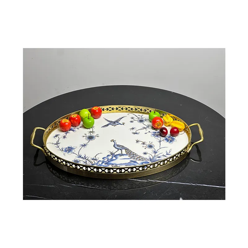 Venta caliente diseño circular de metal decorativo pintado bandeja de cerámica bandeja de frutas para la decoración del hogar