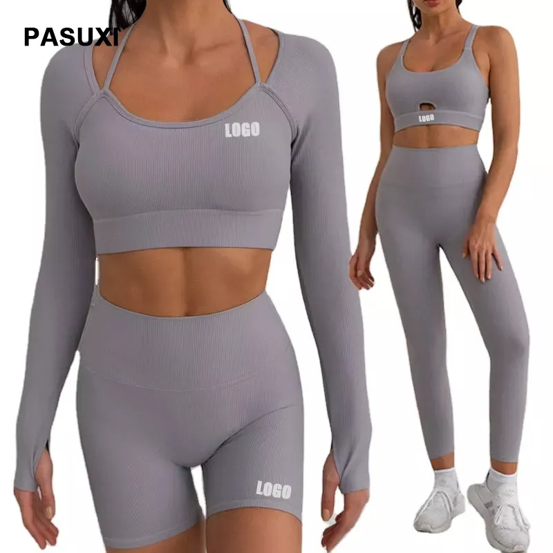 PASUXI Hot Sale Fitness Apparel Women Seamless Yoga Leggings Set Athletic Wear Ribbed Scrunch Booty Gym Shorts Workout Clothes