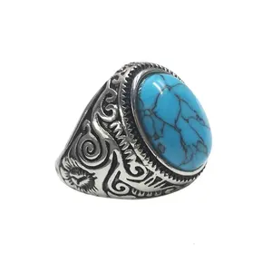 Azul turquesa grande oval pedra vintage aço inoxidável Presente para Ele Mens Ring Classic Vintage Gothic Artificial Stone Rings