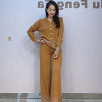 Transfrontalier européen américain femmes mode décontracté à manches longues Cardigan strass pantalon large costume ensemble femmes
