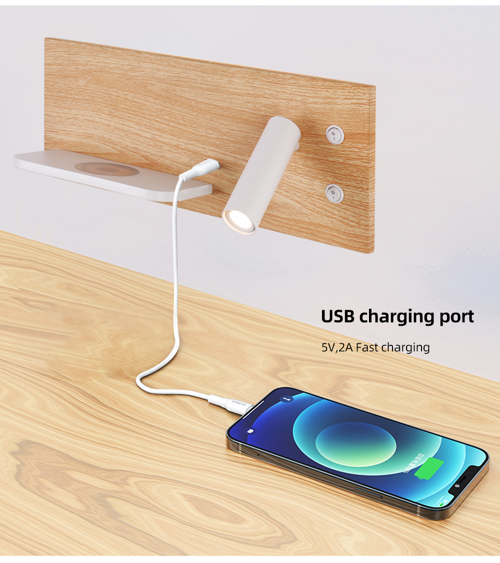 LED Wall Light Switch With Wireless USB Charging Wall Lamps Rotatable Spot Bedroom Bedside Backlit Reading Lamp