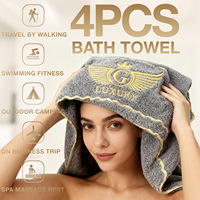 Ensemble de 4 serviettes de bain en molleton corail 100 % coton, absorbantes, douces, avec broderie ailes en fil doré, vente en gros transfrontalière