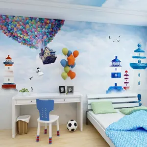 3D 어린이 방 벽지 푸른 하늘 흰색 구름 뜨거운 공기 풍선 복고풍 등대 해상 벽지 만화지도 벽화