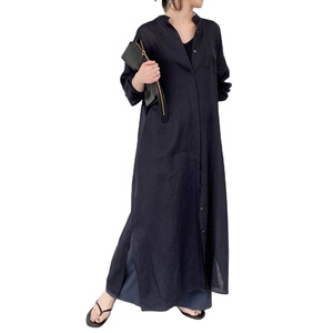 OEM personalizzato <span class=keywords><strong>con</strong></span> bottone e collo alto in cotone <span class=keywords><strong>con</strong></span> <span class=keywords><strong>spacco</strong></span> <span class=keywords><strong>laterale</strong></span> Maxi abito Casual a maniche lunghe a forma larga per le vacanze delle donne - Product Image 2