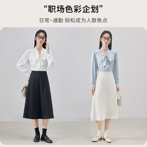 White Bow Tie Blouse Women Solid Color Long Sleeve Poplin Shirt Work Office Wear Formal Interview Style 2025 Spring Autumn - Product Image 5