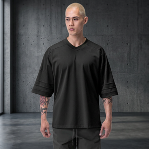 Maillot de basket-ball en mesh noir à col en V pour homme, manches trois quarts, respirant, coupe ample, vêtements de sport pour toutes les saisons - Product Image 2