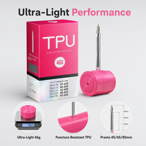 Camera d'aria tubolare in TPU rosa CYCLAMI 46g per bici, <span class=keywords><strong>valvola</strong></span> Presta, disponibile OEM, per ruote 700c, 26, 27.5, 29 pollici, per bici da strada, mountain bike e gravel - Product Image 5