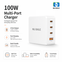 Pengisi Daya Cepat GaN 100W USB C PD Adaptor Dinding Multi Port untuk Pengisian Daya Laptop, Tablet, Perangkat Seluler, Aksesoris Ponsel
