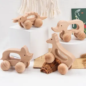 Jouets en bois massif pour bébé, blocs de construction de voiture, chariot inertiel à poignée animale, en ligne, véhicule jouet, 2021