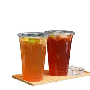 Recycle personal design PET plastic packaging with your own logo biodegradable transparent plastic cup juice cup with flat lids
