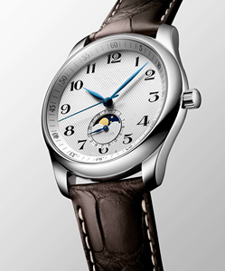 Men’s Round <b>Automatic</b> Dress Watch with Moon Phase Polished Stainless Steel Case Crocodile-Embossed Leather Strap Longinesing - Product Image 2