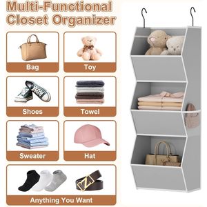 Hanging Closet Organizer 3 <b>Shelf</b> Foldable Fabric Storage For Bedroom Clothes With Mesh Pockets <b>Hook</b> Type Rectangular - Product Image 5