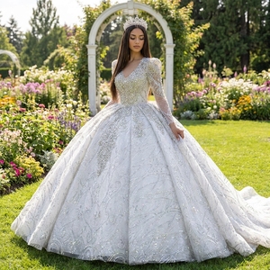 Xs283 Ivory Sweetheart Long Sleeve Appliques Crystal Beaded Ball Gown Modern <b>Wedding</b> Dress Sparkly Tulle Chapel Train Bridal - Product Image 1
