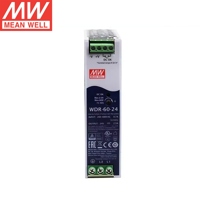 MEAN WELL WDR-60-24 60W 24V 2.5A Single Switching DIN Rail Power Supply 180-550VAC Ultra Wide Input Industrial Automation